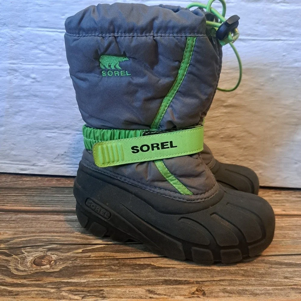 Sorel Kids Flurry Snow Boots Grey Lime Green Waterproof Winter  Size 1